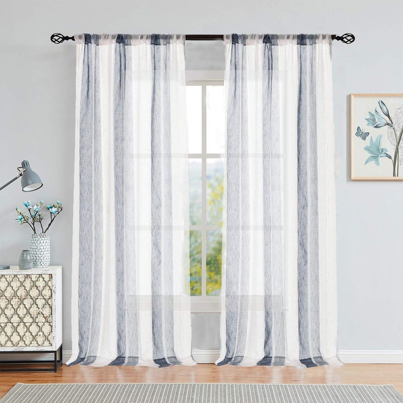 Central Park Navy and White Stripe Sheer Curtains Boucle Linen Farmhouse Rustic Window Curtain Panel Yarn Dyed Woven 95 Inches Long for Living Room Bedroom with Rod Pocket, 40" W x 95" L (Pack of 2) - Image 1